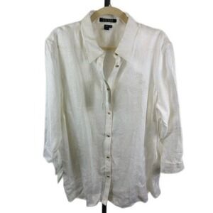 Lauren Ralph Lauren Women's 2X White 100% Linen Button Blouse Shirt Top